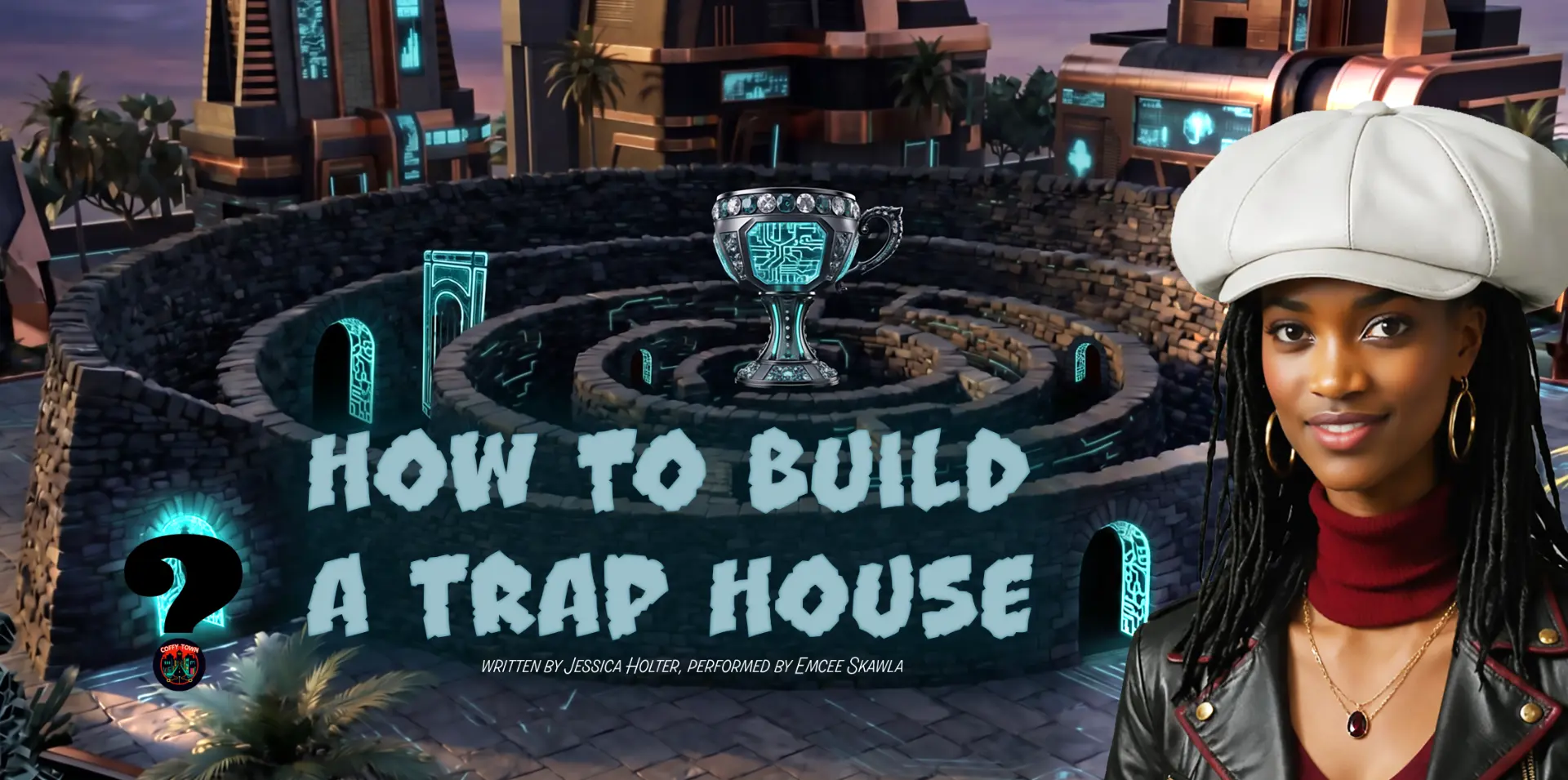How to Build a Trap House single artwork — neon player banner in teal and crimson.