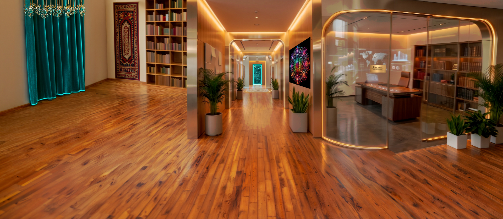 Coffy Town Community Center — bookshelves, curtained stage, and gallery corridor