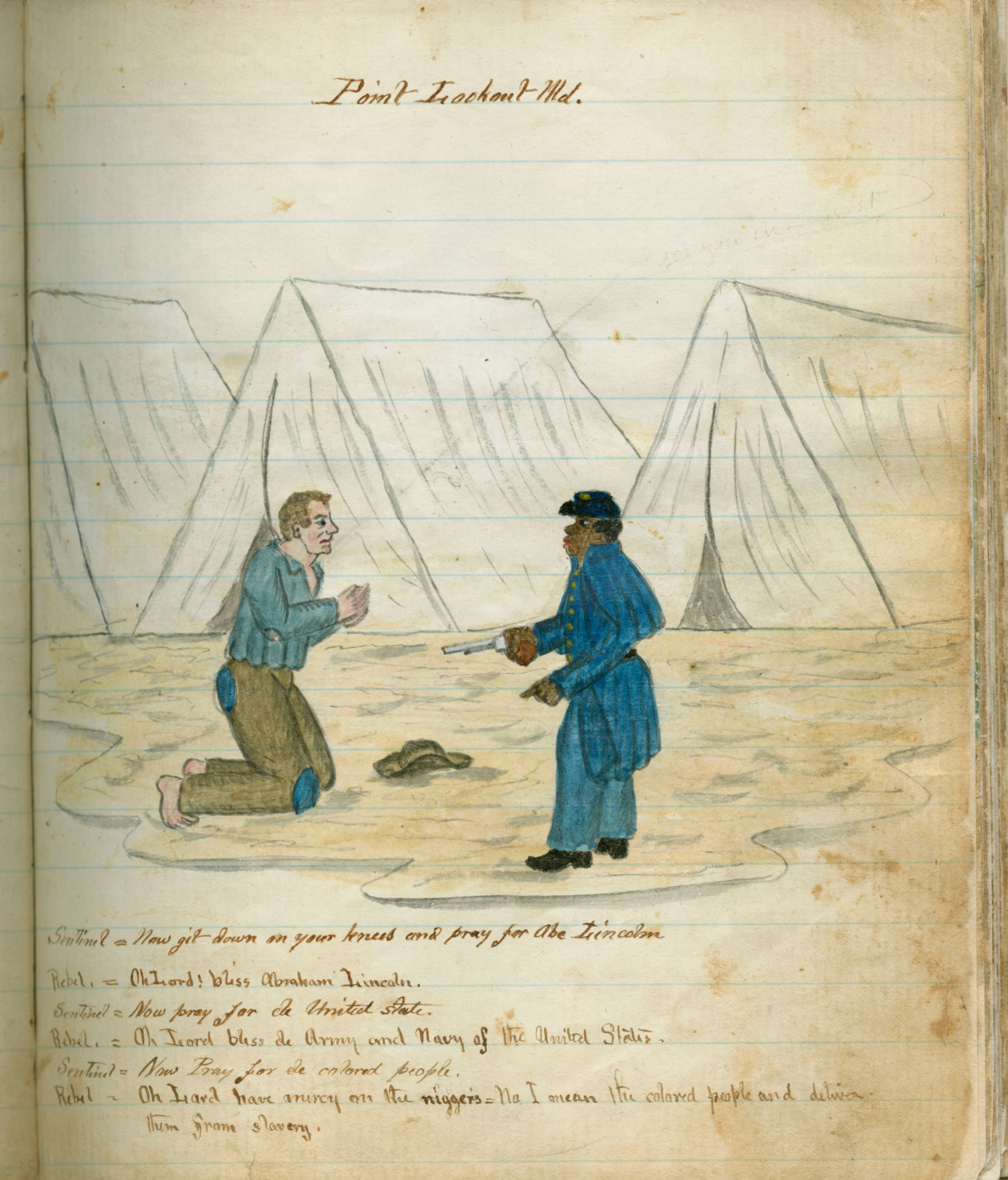 Sentinel and kneeling Rebel prisoner — “Pray for Abe Lincoln”