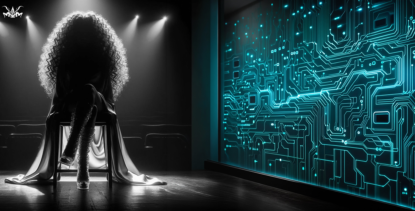 The Writer on a stage beside a glowing teal circuit wall — Floor 15 of the HIP IP Tower